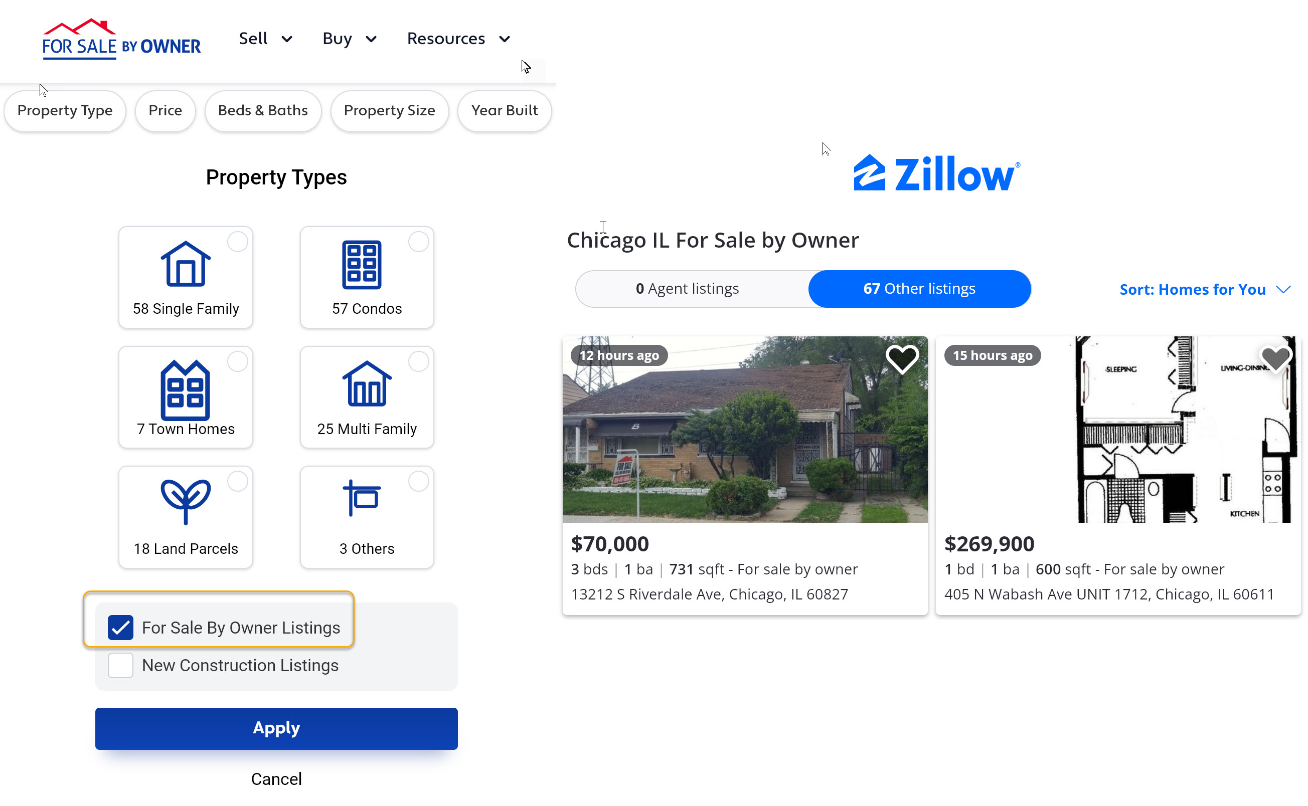Filtering options to find for sale by owner home listings in Zillow and other sites