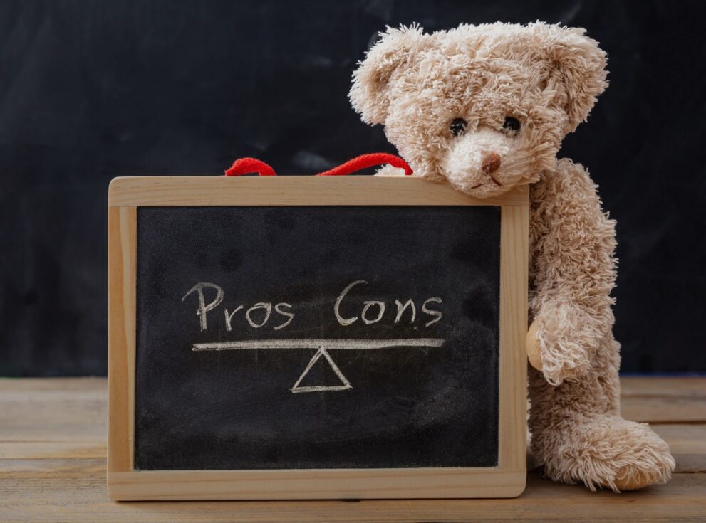 A teddy bear doll holding a slate, in which pros and cons infographic is drawn using a chalk