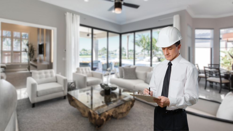 Licensed inspector examining a house after the attorney review period, while a real estate agent and seller sign the form contract, ensuring a smooth process within business days and providing a written report if the buyer fails to comply