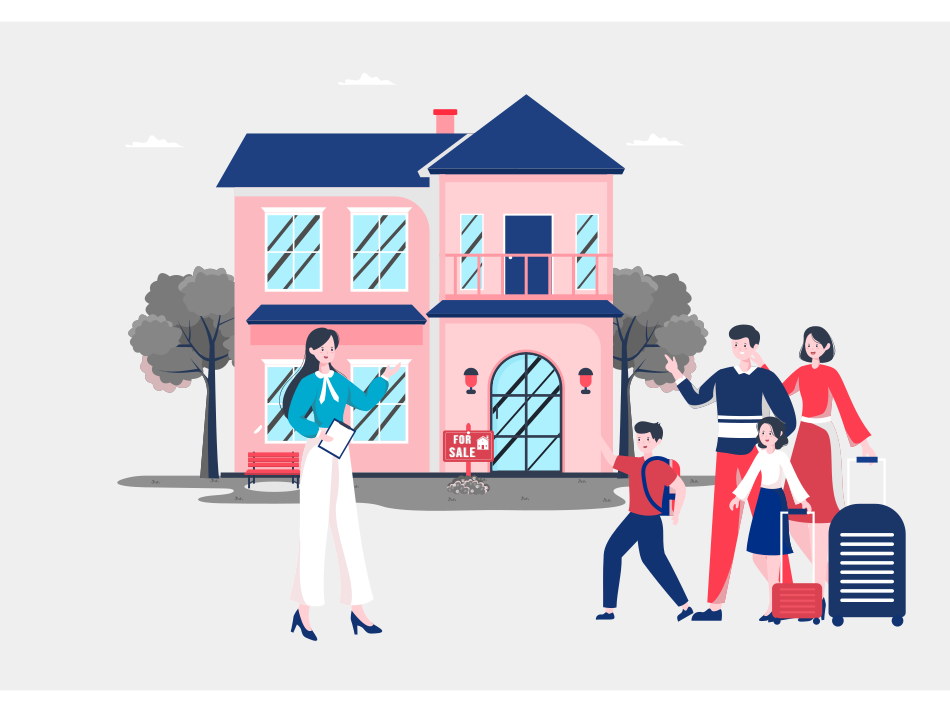 An illustration of a real estate agent welcoming a family with suitcases to a house that has a "For Sale" sign out front.