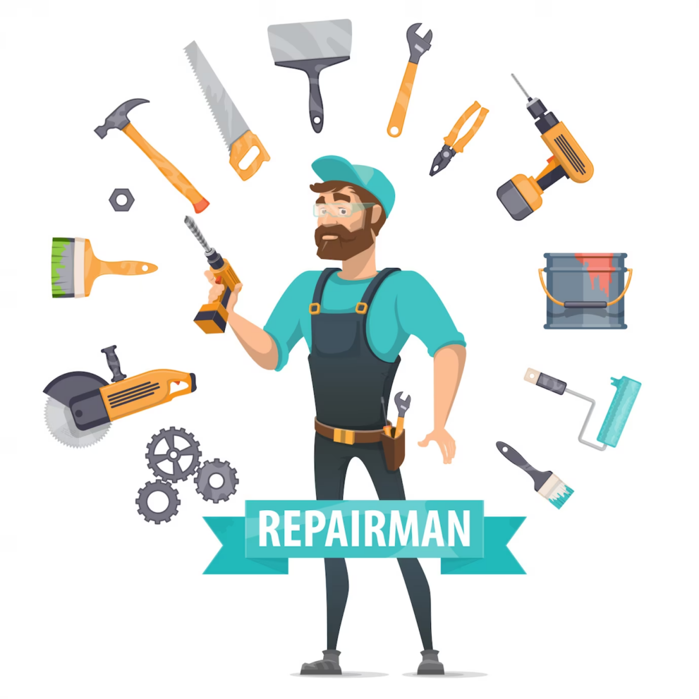 Repairman with tools for fixing home issues when selling - ideal for buyers, window treatments, home sale, curb appeal, real estate investor, and local agent.
