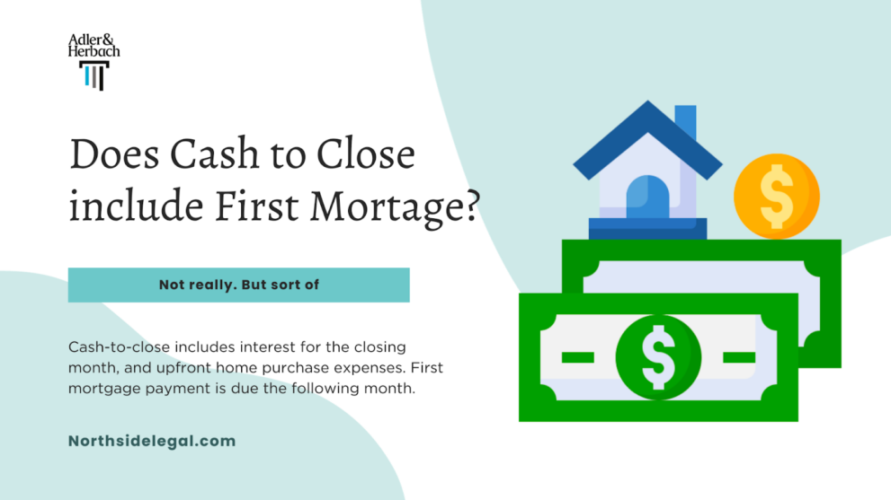 Does cash to close include first mortgage payment? Cash-to-close includes interest for the closing month, and upfront home purchase expenses. First mortgage payment is due the following month.