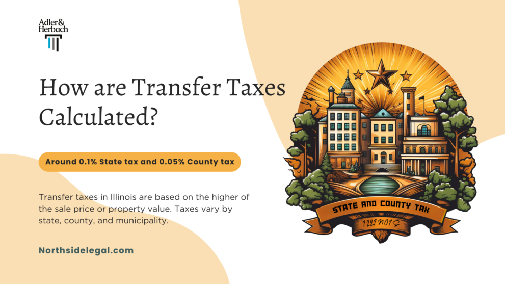 How are transfer taxes calculated? Transfer taxes in Illinois are calculated based on the property value. The state tax is $0.50 per $500, and the county tax is $0.25 per $500.