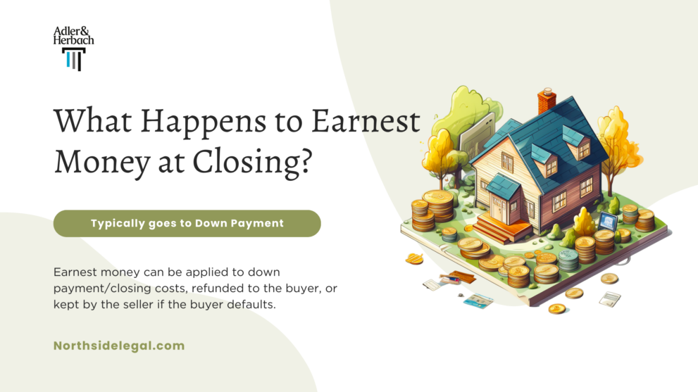 What happens to earnest money at closing? Earnest money can be applied to down payment/closing costs, refunded to the buyer, or kept by the seller if the buyer defaults.