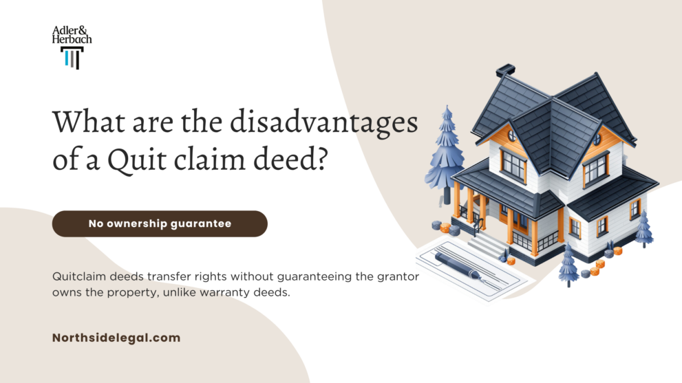 What are the disadvantages of a quit claim deed? A quitclaim deed transfers any interest the grantor might have, without guaranteeing ownership.